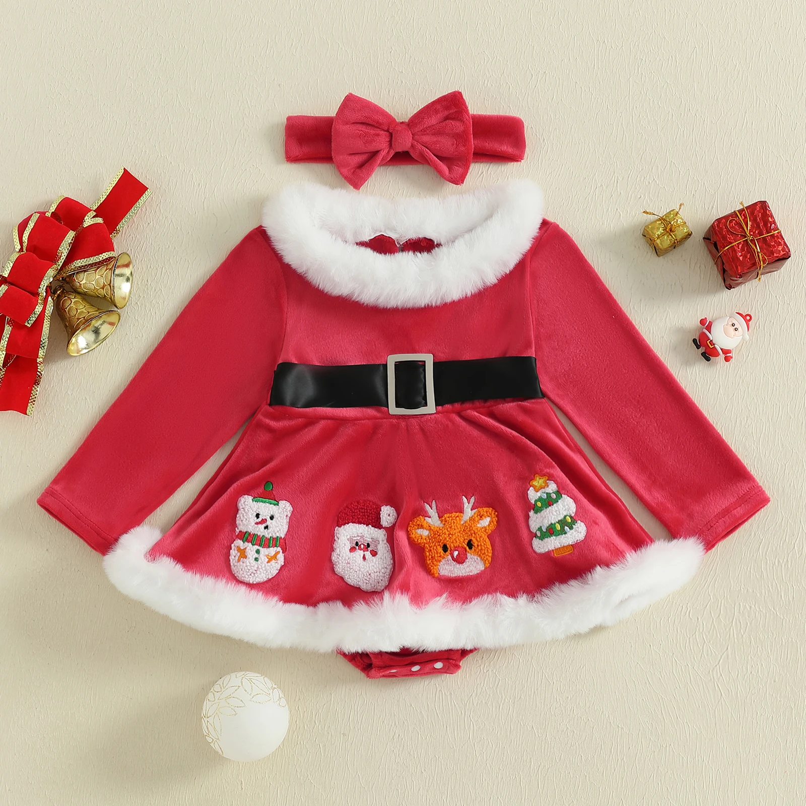 Body para niñas, traje de Navidad, mameluco bordado de manga larga, vestido con diadema, conjunto de ropa de Navidad de 2 piezas