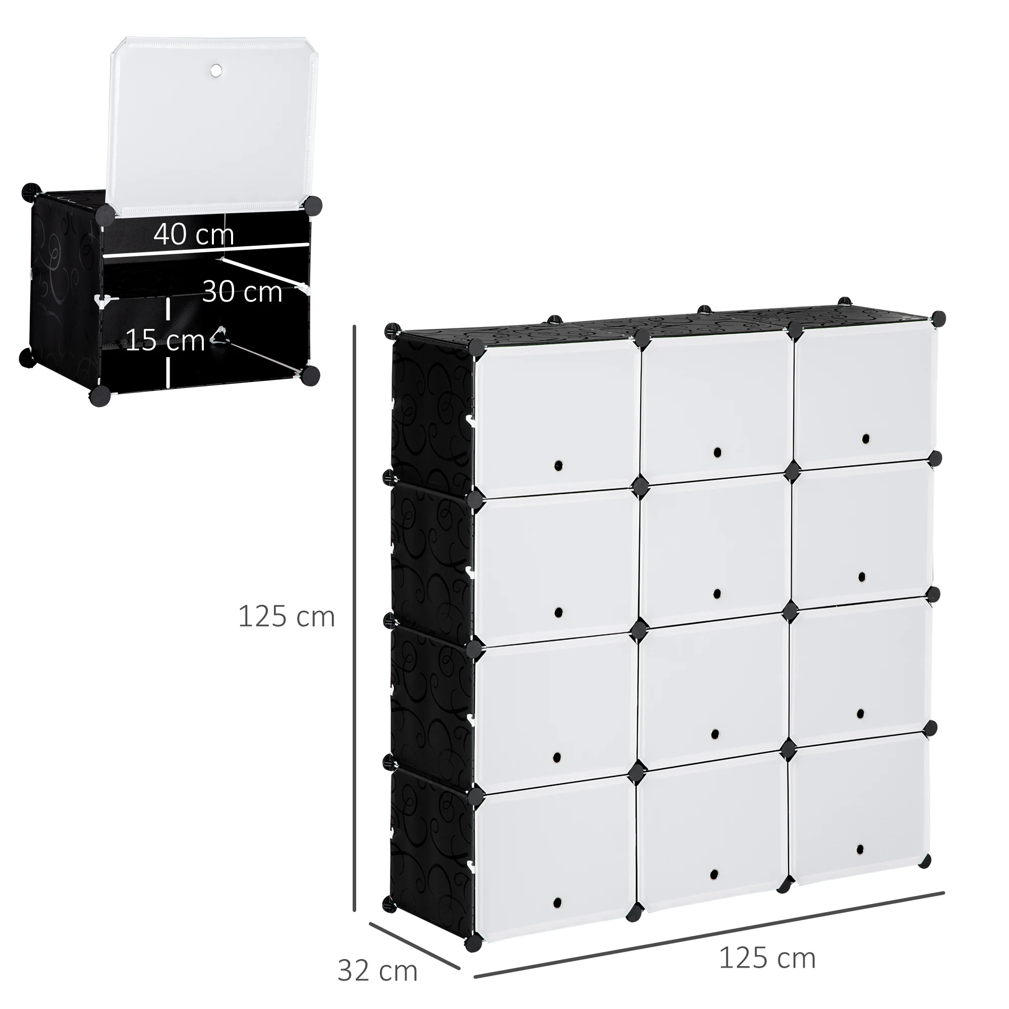 HOMCOM Armario Modular de Plástico Cajas de Zapatos con 12 Cubos Zapatero Organizador para Entrada Pasillo Dormitorio 125x32x125 cm Negro y Blanco - imagen 3