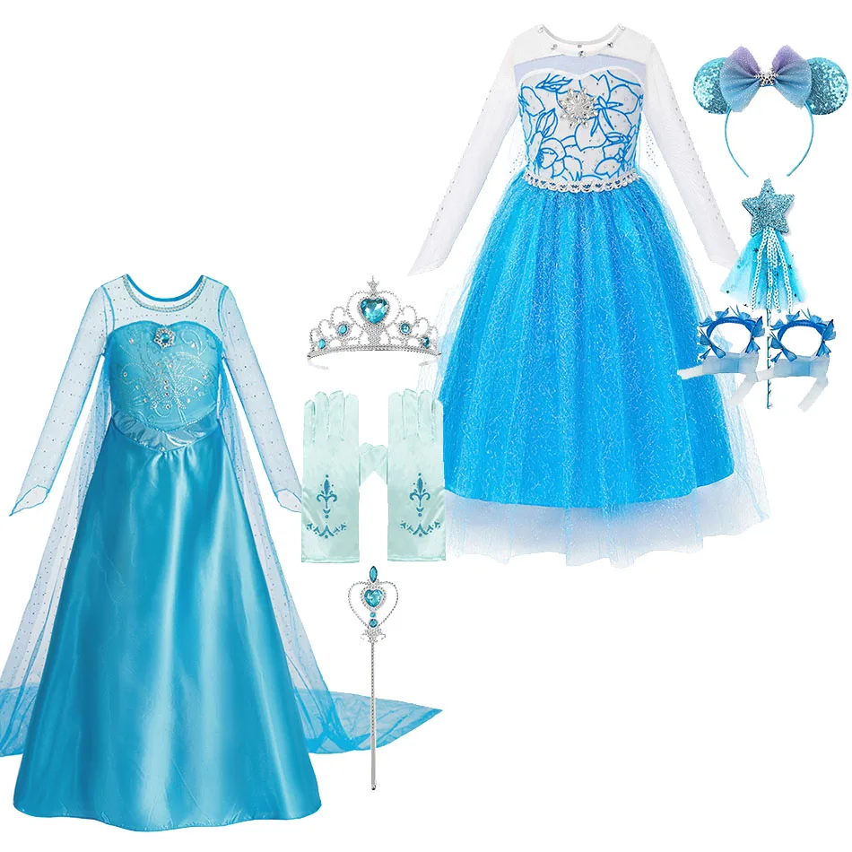 Disfraz elegante de princesa azul para niñas, ropa de fiesta de cumpleaños y Halloween para niños, vestido de Cosplay de Elsa con lentejuelas azules y Carnaval