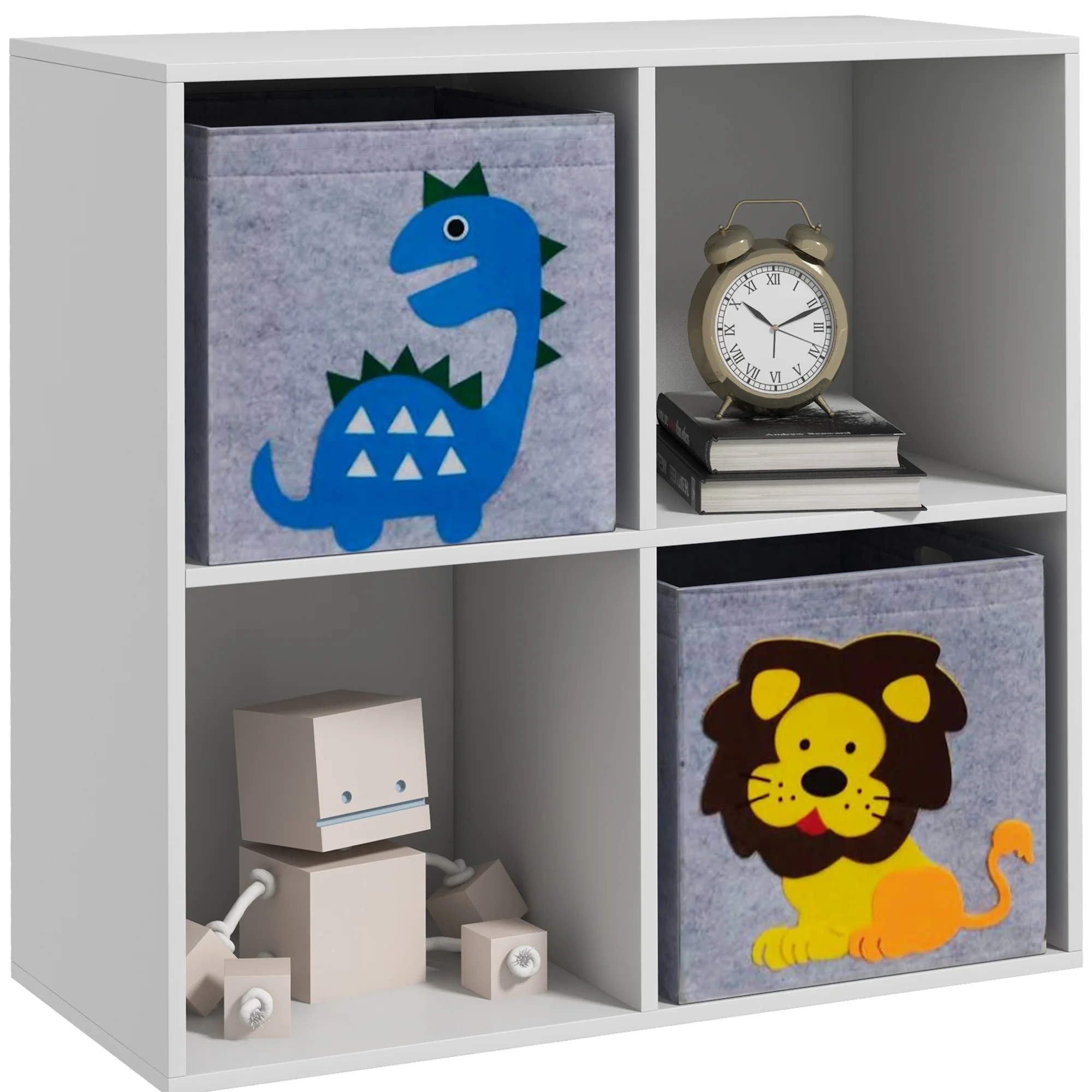 ZONEKIZ Estantería para Juguetes Infantil Librería para Niños de +3 Años con 4 Compartimientos de Almacenaje y 2 Cajones de Tela no Tejida con Imagen de Animales 61,8x29,9x61,8 cm Blanco y Gris