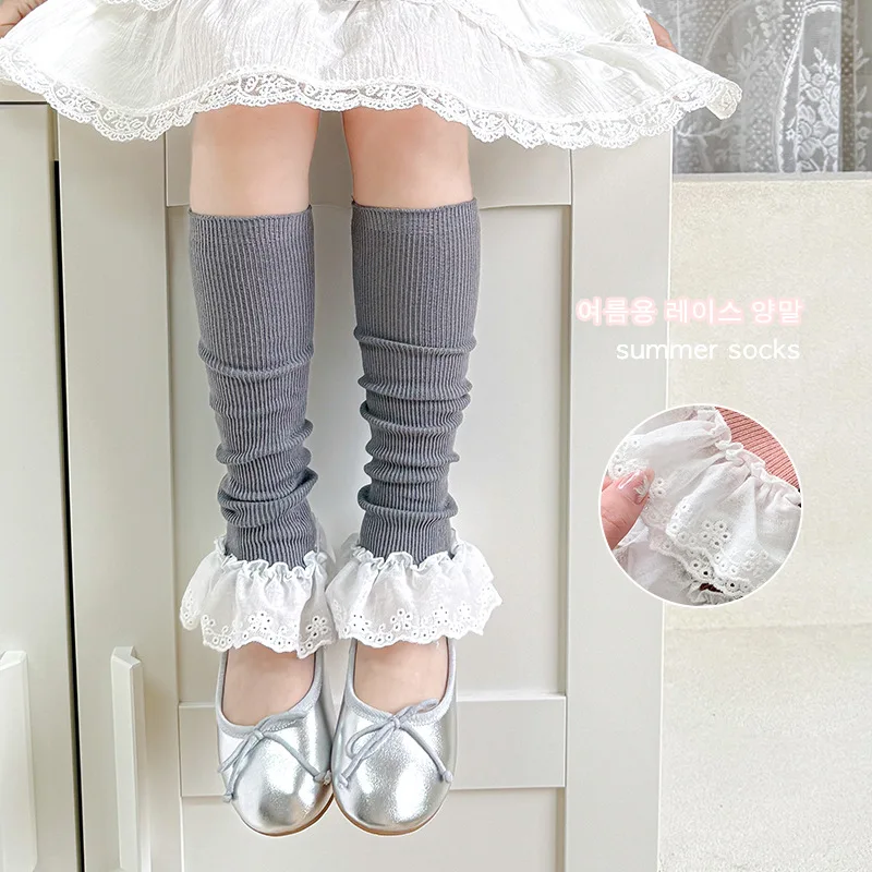 Primavera otoño estilo coreano Lolita niñas calentadores de piernas calcetines de algodón hasta la pantorrilla encaje volantes calcetines largos dulce lindo Kawaii niños cubierta de pie - imagen 4