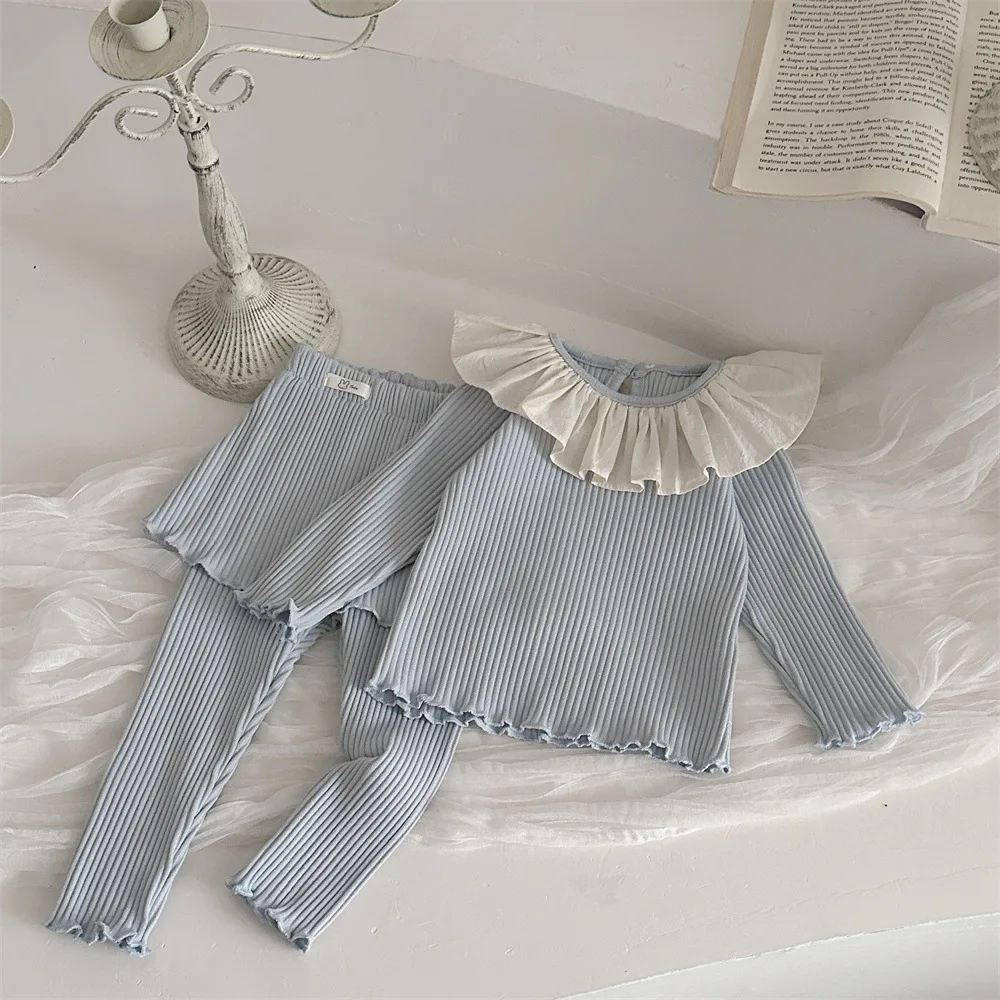 Traje informal de 2 uds para niñas, Top de manga larga con cuello de hoja de loto a rayas y falda, pantalones, ropa para niños de primavera y otoño - imagen 3
