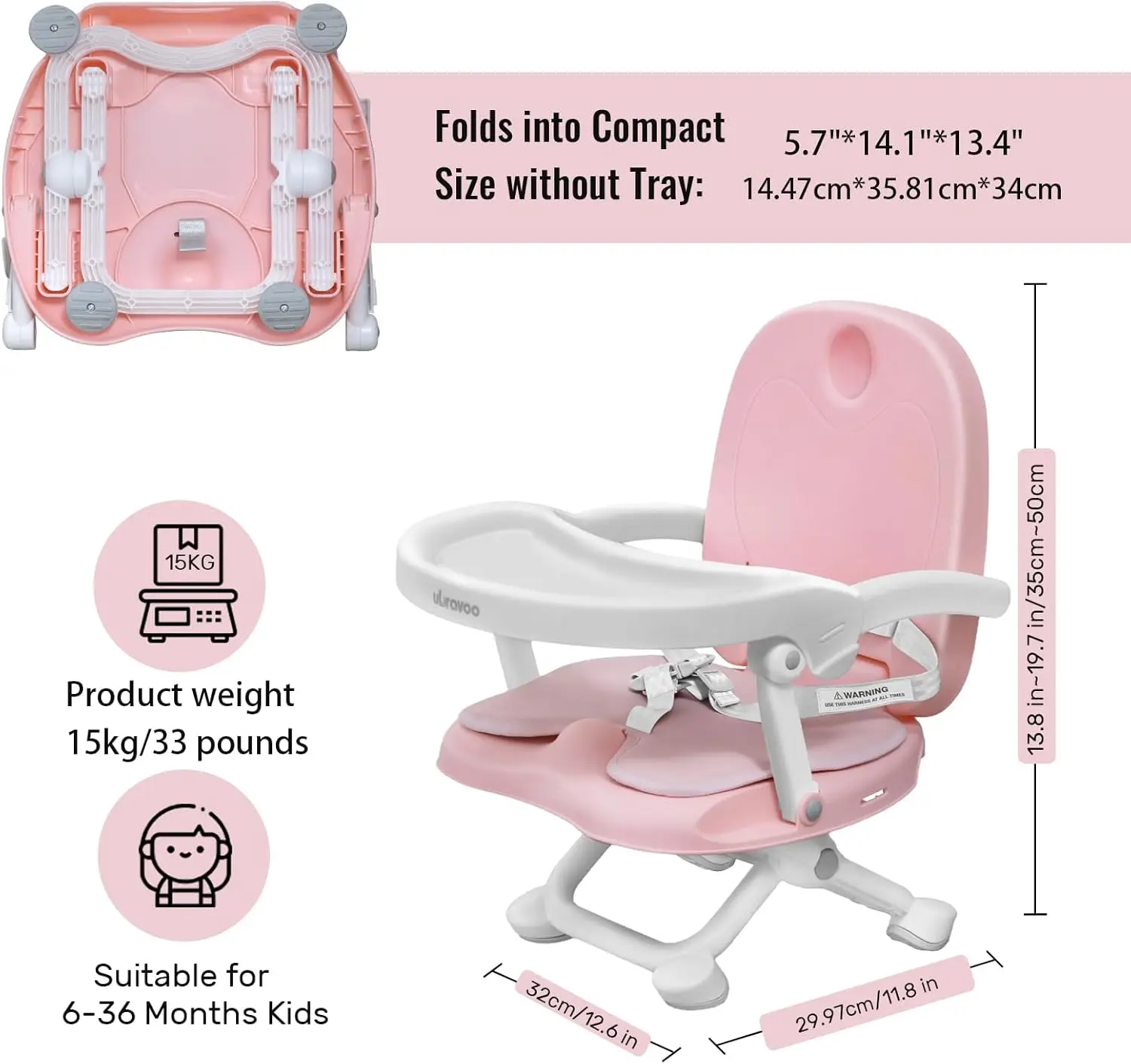 UBRAVOO Asiento elevador para bebé para mesa de comedor con bandeja extraíble y cojín Asiento elevador portátil 3 en 1 para niños pequeños 4 de altura ajustable - imagen 5
