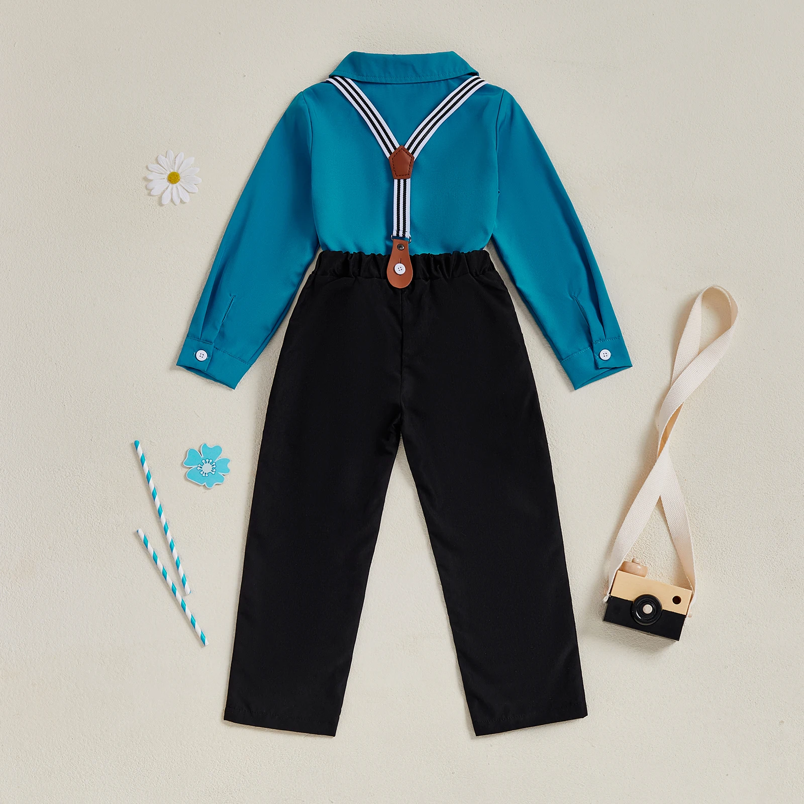 Conjunto formal de 2 piezas para niño pequeño, camisas con pajarita de manga larga y pantalones con tirantes - imagen 3