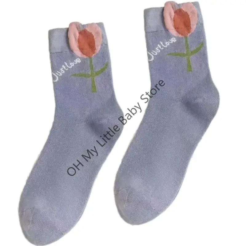 M76C Preppy Styles Middle Tube Socks For Women and Girls Vintage Flower Pattern Knitwear Breathable Hosiery for Pants Skirt