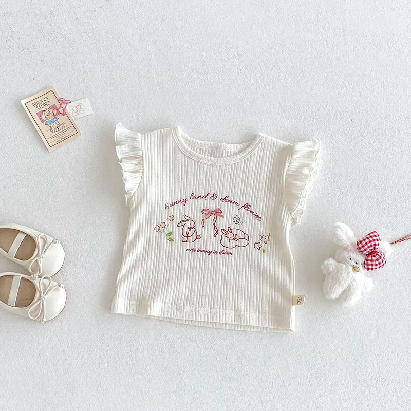 MILANCEL, nueva camisa de verano con letras para niños de 0 a 5T, Tops florales de conejito bonito para niñas, pantalones cortos de estilo fino dulce para niños - imagen 4
