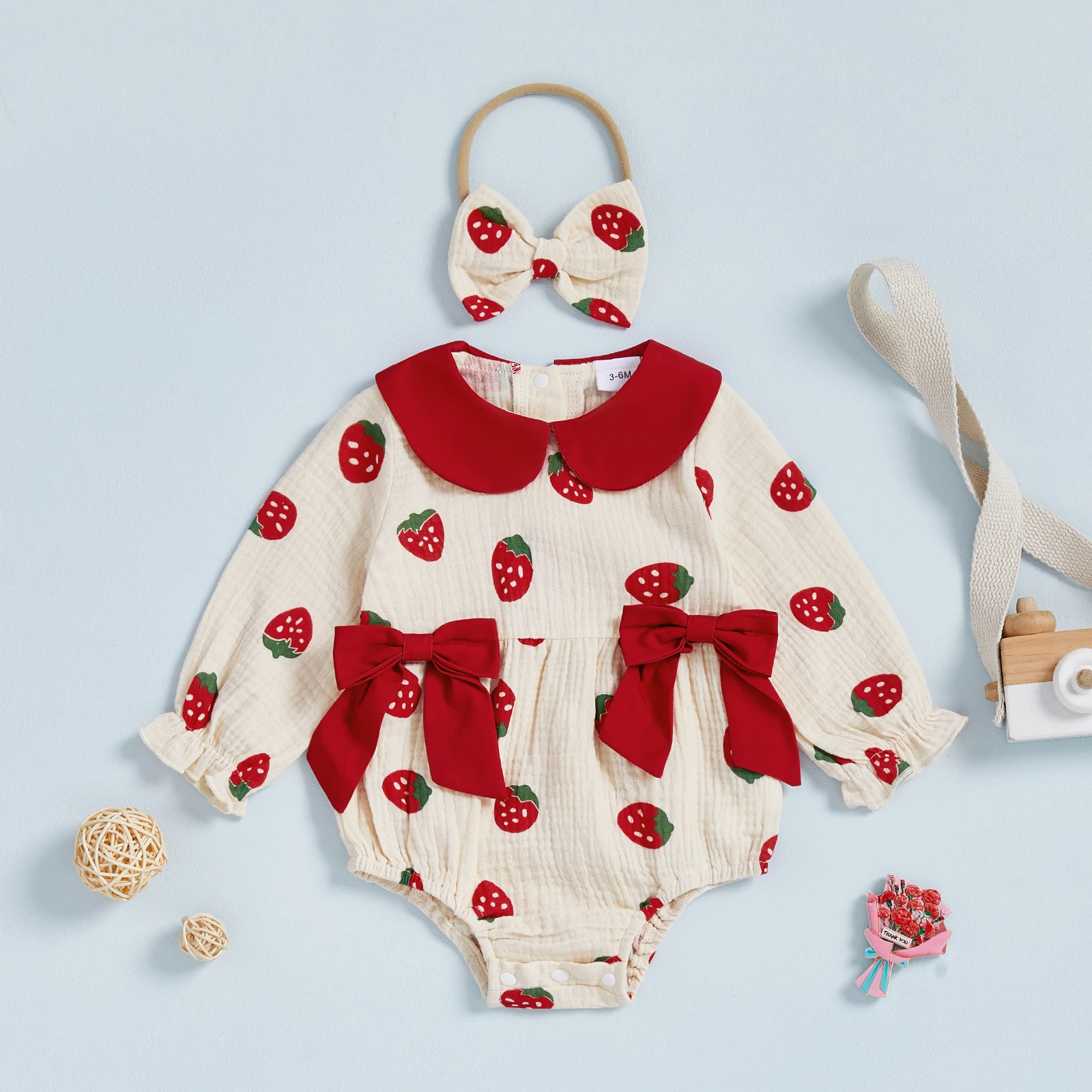 Conjunto de 2 piezas de traje de otoño para niña con cuello de muñeca de fresa/cereza/corazón, mameluco de manga larga, diadema con lazo - imagen 4