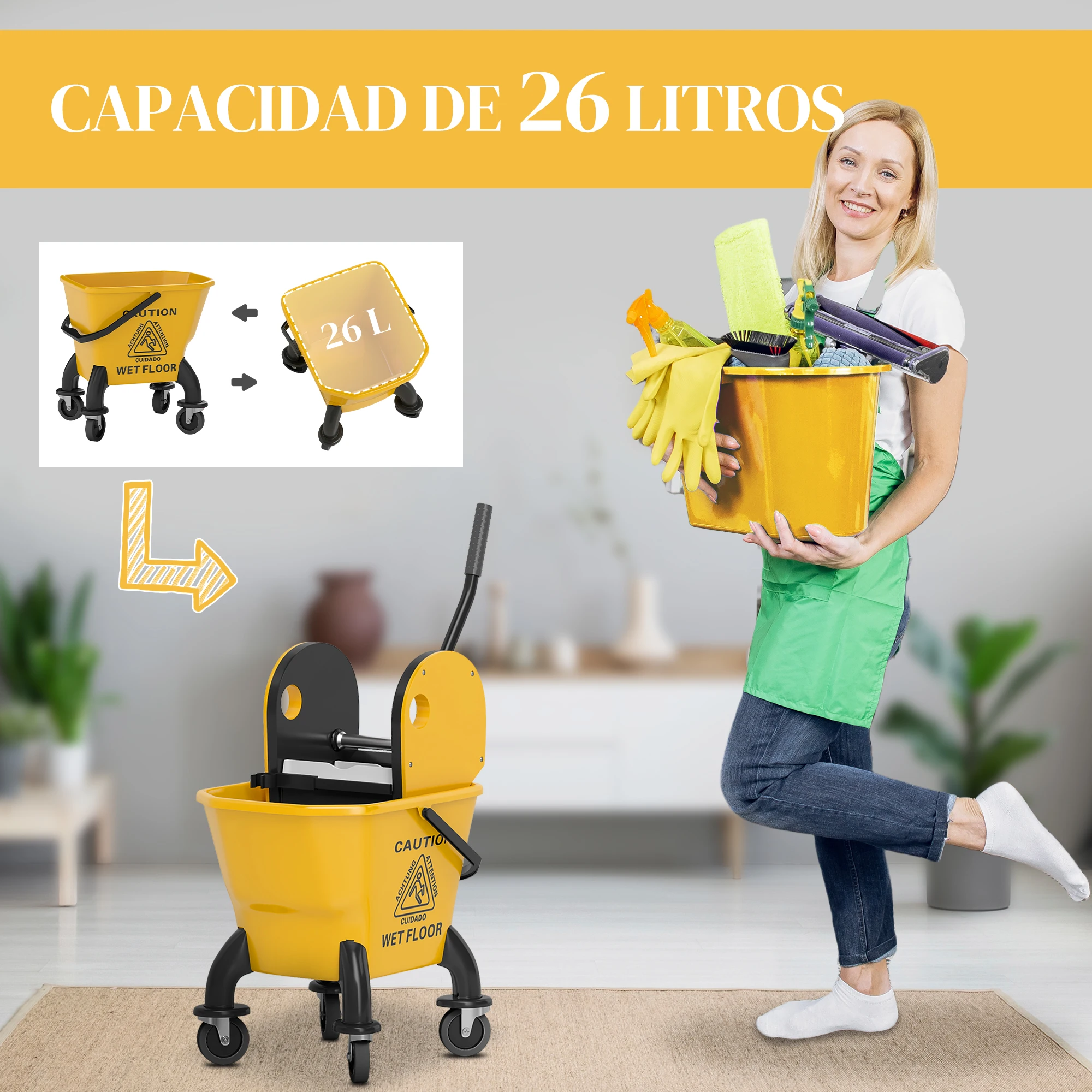 HOMCOM Cubo de Fregona con Ruedas, Escurridor Desmontable de Prensa hacia Abajo, Capacidad 26 L/27,5 qt, Cubo de Fregar Incluye Fregona y Asa, para Uso Comercial y Doméstico, Amarillo - imagen 4
