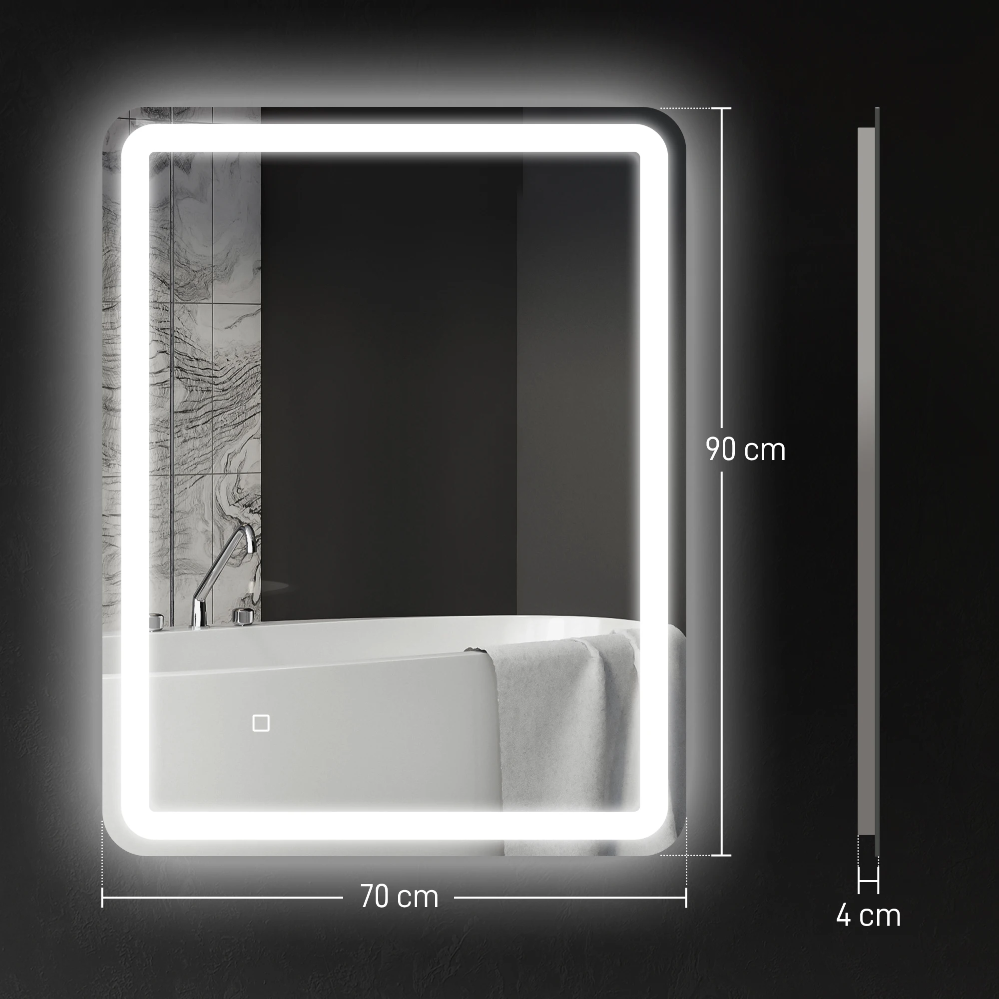 HOMCOM Espejo de Baño con Luces LED, 70x90 cm, Espejo de Pared, 3 Colores de Luz, Brillo Regulable, Función Antivaho, Función de Memoria, Interruptor Táctil, IP44, Horizontal/Vertical - imagen 3