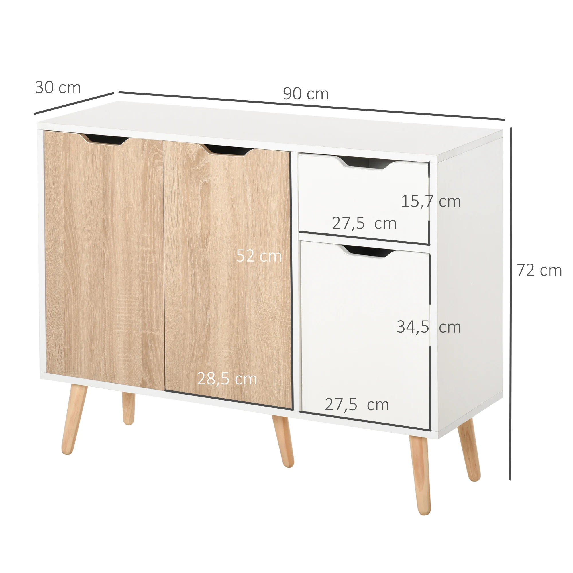 HOMCOM Aparador Auxiliar Mueble de Almacenaje con 2 Armarios Puerta y Cajón de Madera para Cocina Dormitorio 90x30x72cm Blanco - imagen 3
