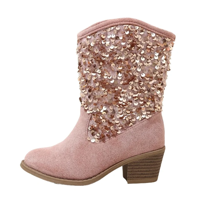 Botas cortas de cuero con lentejuelas para niña – Tacón grueso - imagen 4