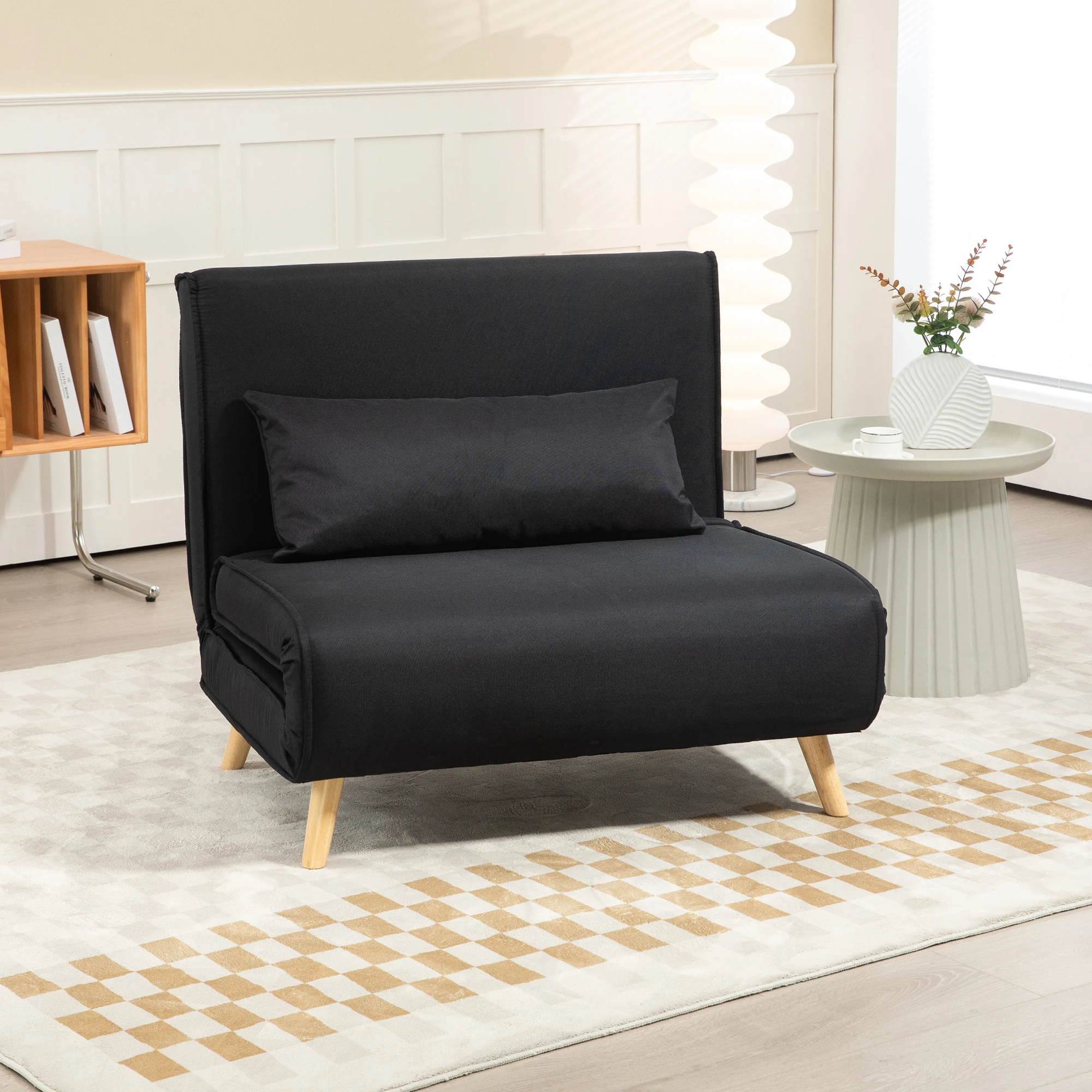 HOMCOM Sofá Cama Individual 3 en 1, Sillón Cama Plegable con Respaldo Ajustable en 6 Posiciones, Asiento Amplio, Almohada Acolchada, Patas de Madera, Carga 350 kg, 94x78x80 cm, Negro