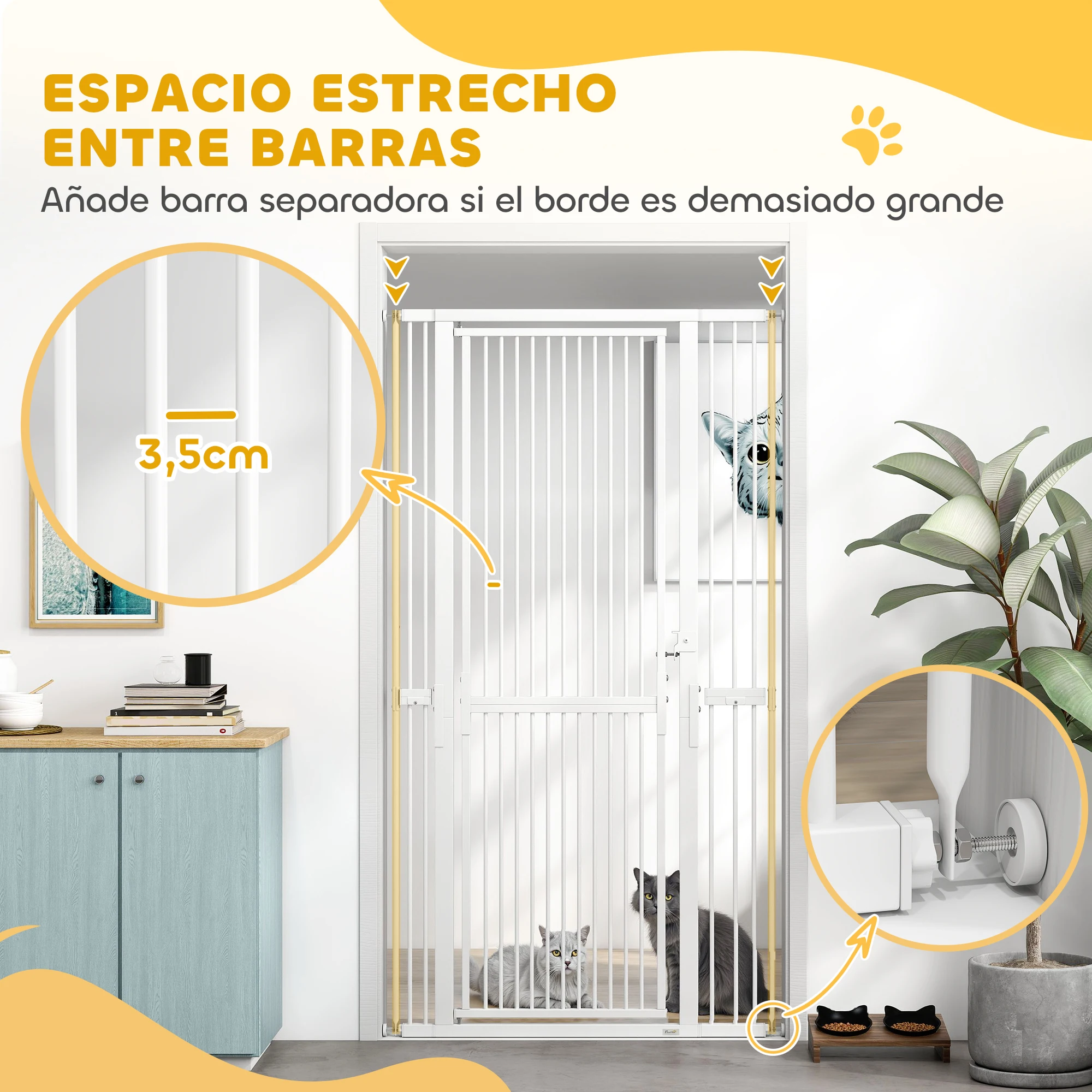 PawHut Barrera de Seguridad para Perros y Gatos Extra Alta 180 cm, Barrera para Perros Extensible 76-104 cm, Separación 3,5 cm, para Puertas y Escaleras, con Montaje a Presión, 2 Extensiones, Blanco - imagen 3