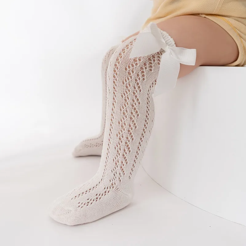 Calcetines de verano para niños de 0 a 7 años con lazo, calcetín largo hasta la rodilla de algodón, calcetines calados para niños pequeños, calcetines de malla de princesa para niños - imagen 2