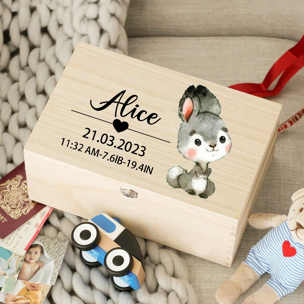 Caja de madera personalizada para bebé, regalo para bebé recién nacido, caja de memoria infantil personalizada, caja de madera con estampado de animales, regalo para estacas de nacimiento, regalo para nueva mamá