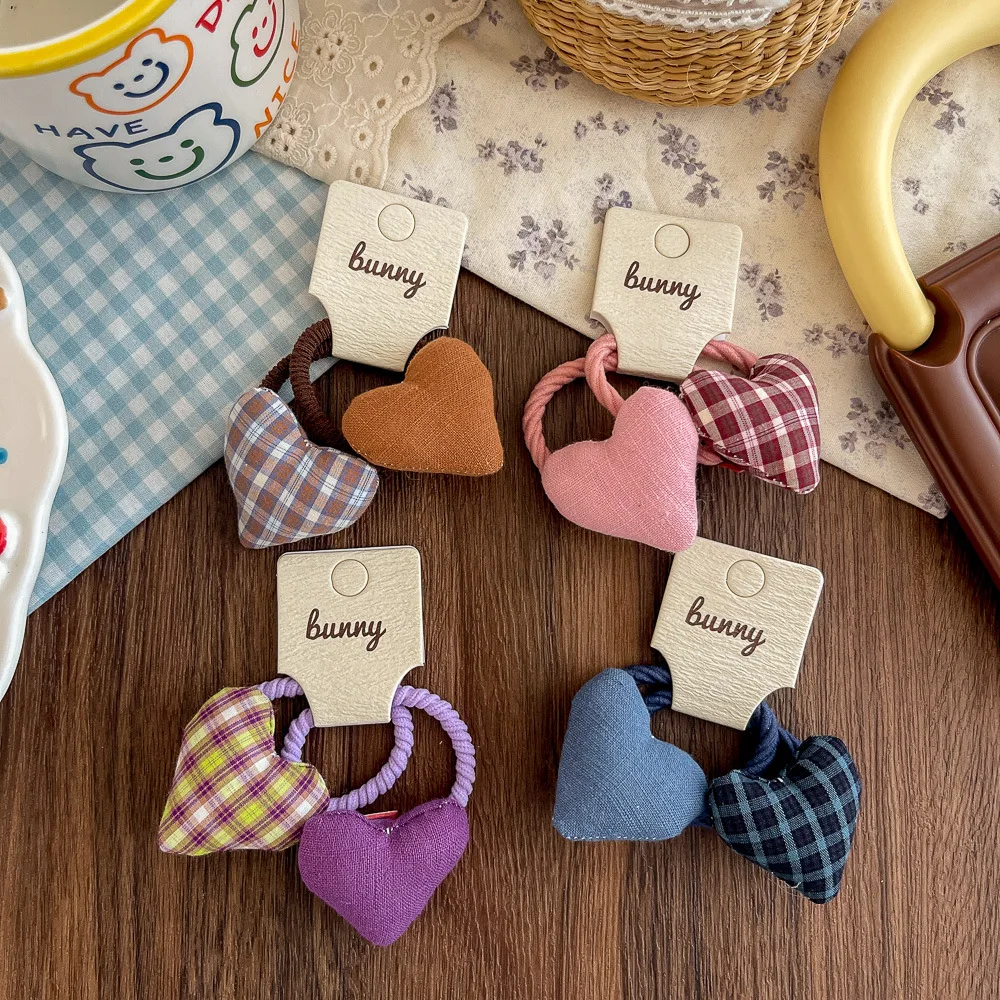Banda elástica para el cabello de amor a cuadros coreanos, tela de algodón, accesorios para el cabello dulces para niños, banda de goma, tocado de cuerda para el cabello - imagen 3
