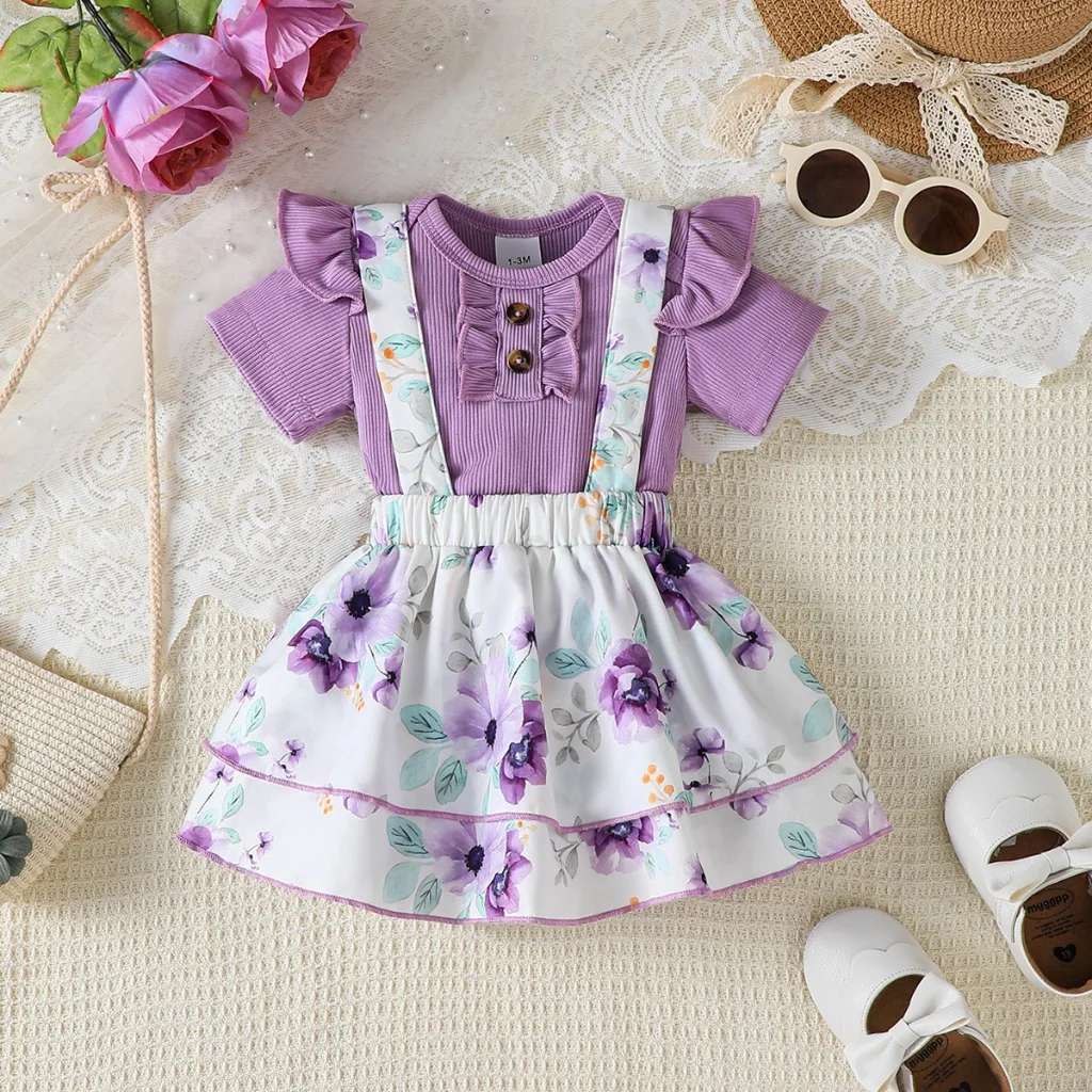 Conjunto de ropa para niña recién nacida, Top de manga corta + Falda corta con tirantes, ropa de verano bonita y versátil para bebé de 1 a 12 meses, 2 uds. - imagen 2