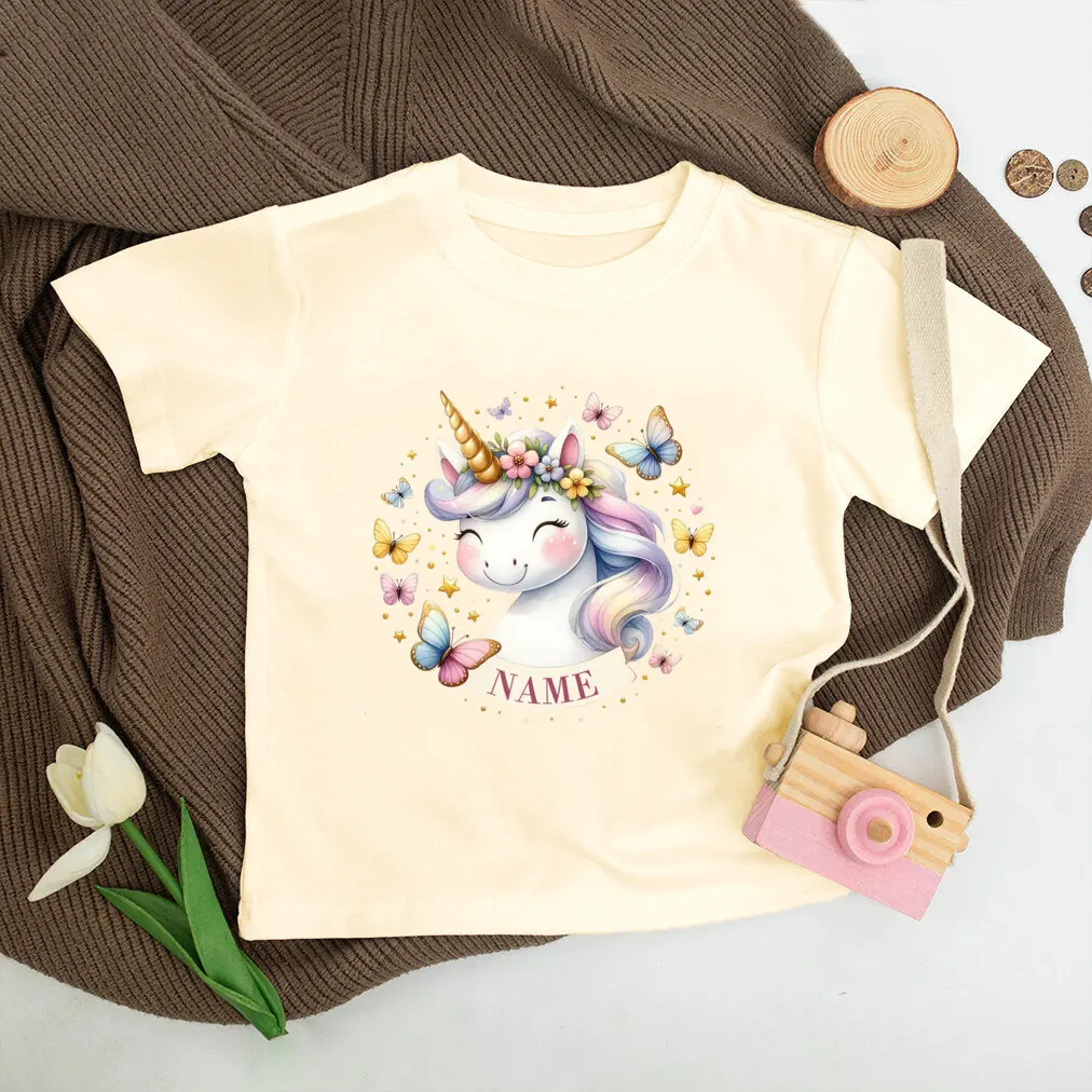 Camiseta personalizada de unicornio con nombre para niños, camiseta Retro de manga corta, Tops para niños pequeños, ropa de verano - imagen 5