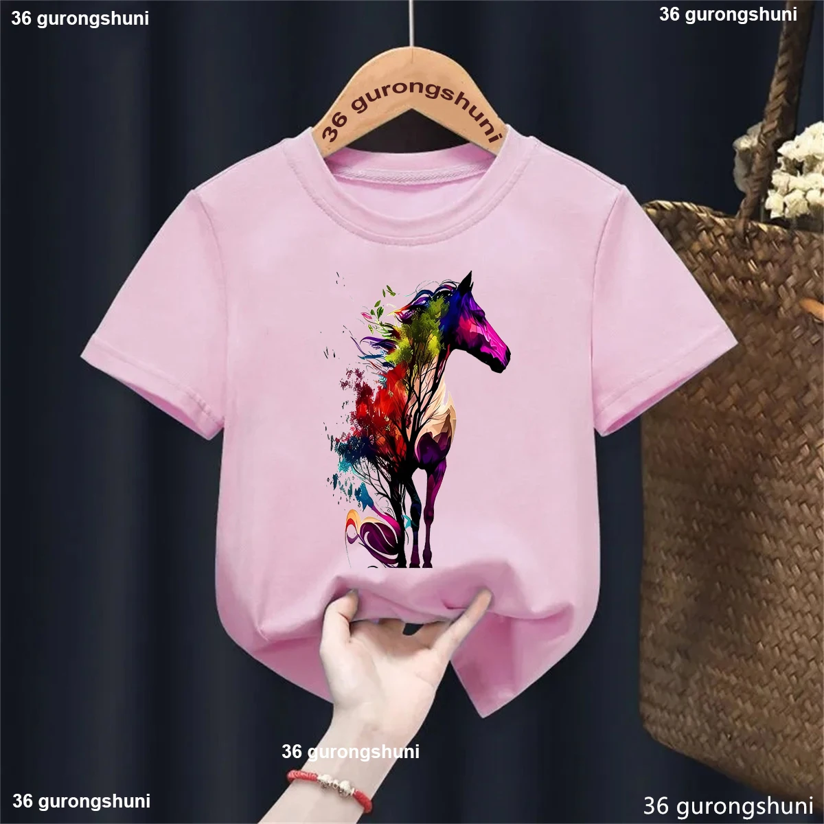 Camiseta con estampado de animales y caballos de acuarela para niñas, ropa Harajuku Kawaii para niños, camiseta de manga corta a la moda de verano - imagen 2