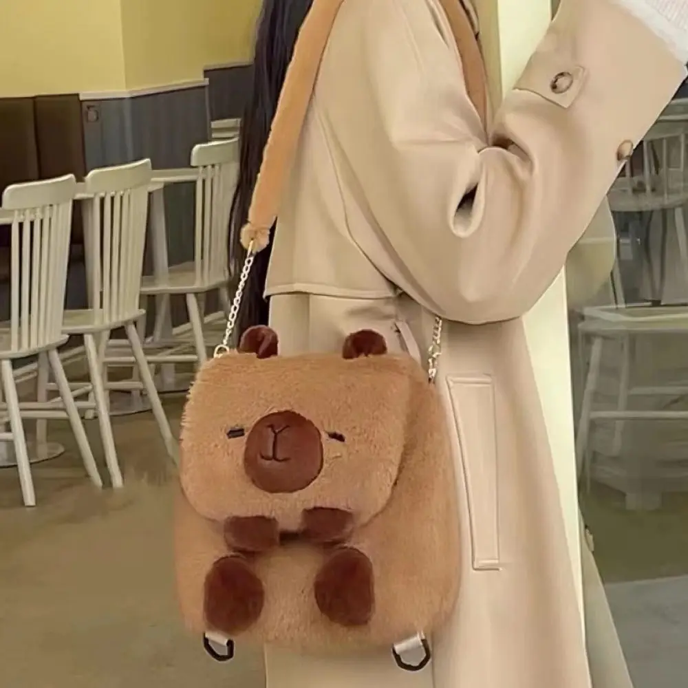 Bolso sencillo con patrón de animales, mochila de muñeco de capibara de dibujos animados de felpa, bolso de hombro para el Campus, bolso con tapa de capibara peludo, bolso de hombro - imagen 3