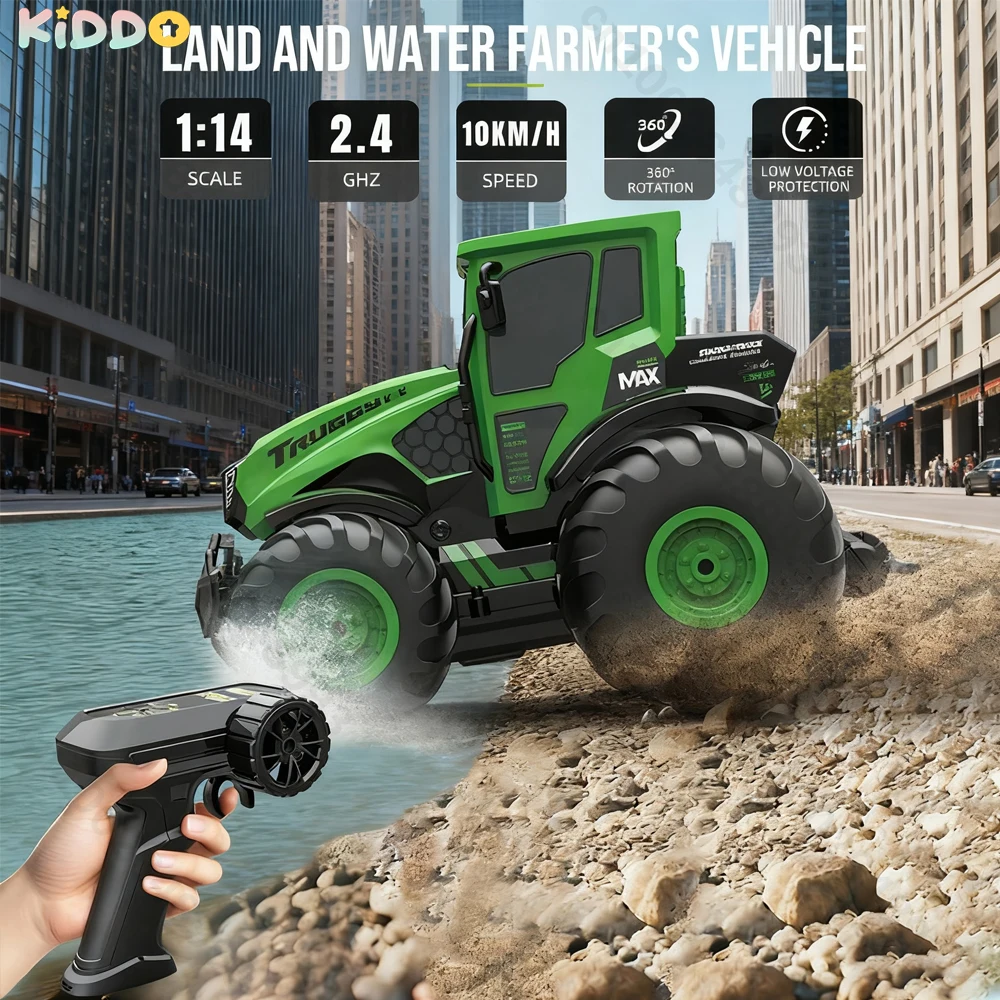 Coche de granja teledirigido 1:14, tractor anfibio de aleación con control remoto, juguete con simulación de luz, camión agrícola eléctrico, coche teledirigido, juguete de Navidad - imagen 4