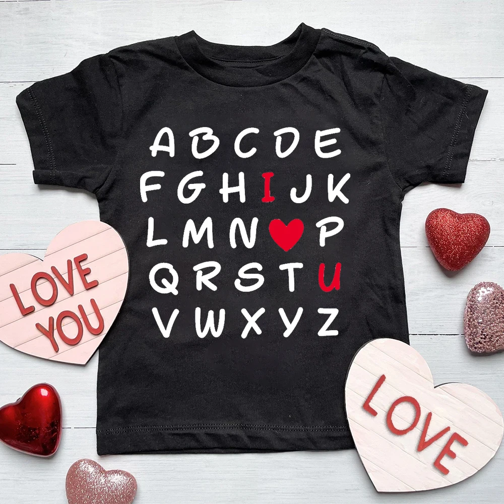 ABC I Love U Alphabet Print Child Shirt  Valentine's Day Party Kids Outfit Boys Girls Short Sleeve T-shirt Children Holiday Tops