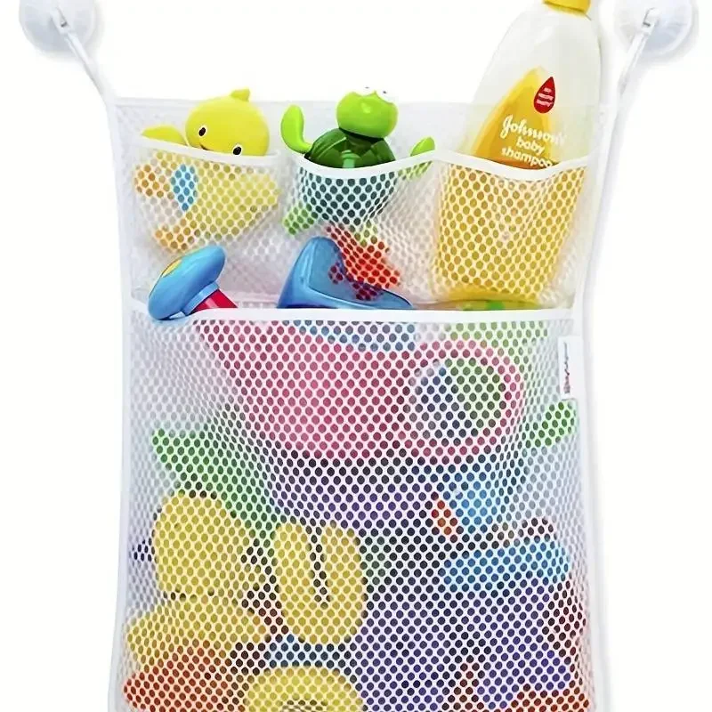Juguetes de baño para Baby Shower, malla de almacenamiento de juguetes blanca para bebés y niños con fuertes ventosas, bolsa de juguetes, organizador de baño de red - imagen 3