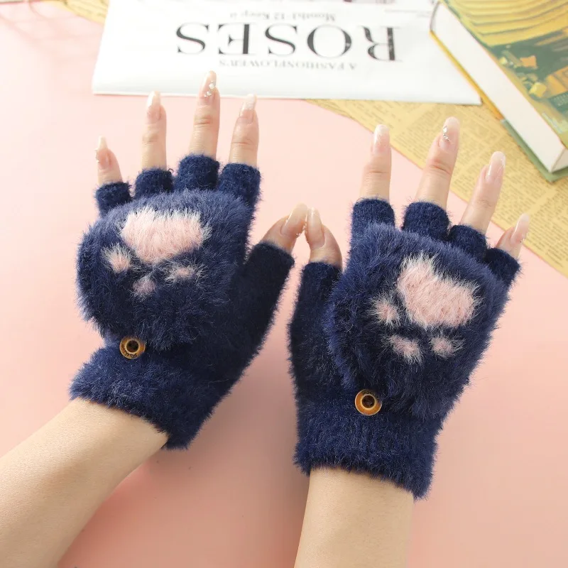 Guantes cálidos de punto con dedos expostos engrosados con forro polar y medio dedo para invierno y otoño para estudiantes y niños. - imagen 2