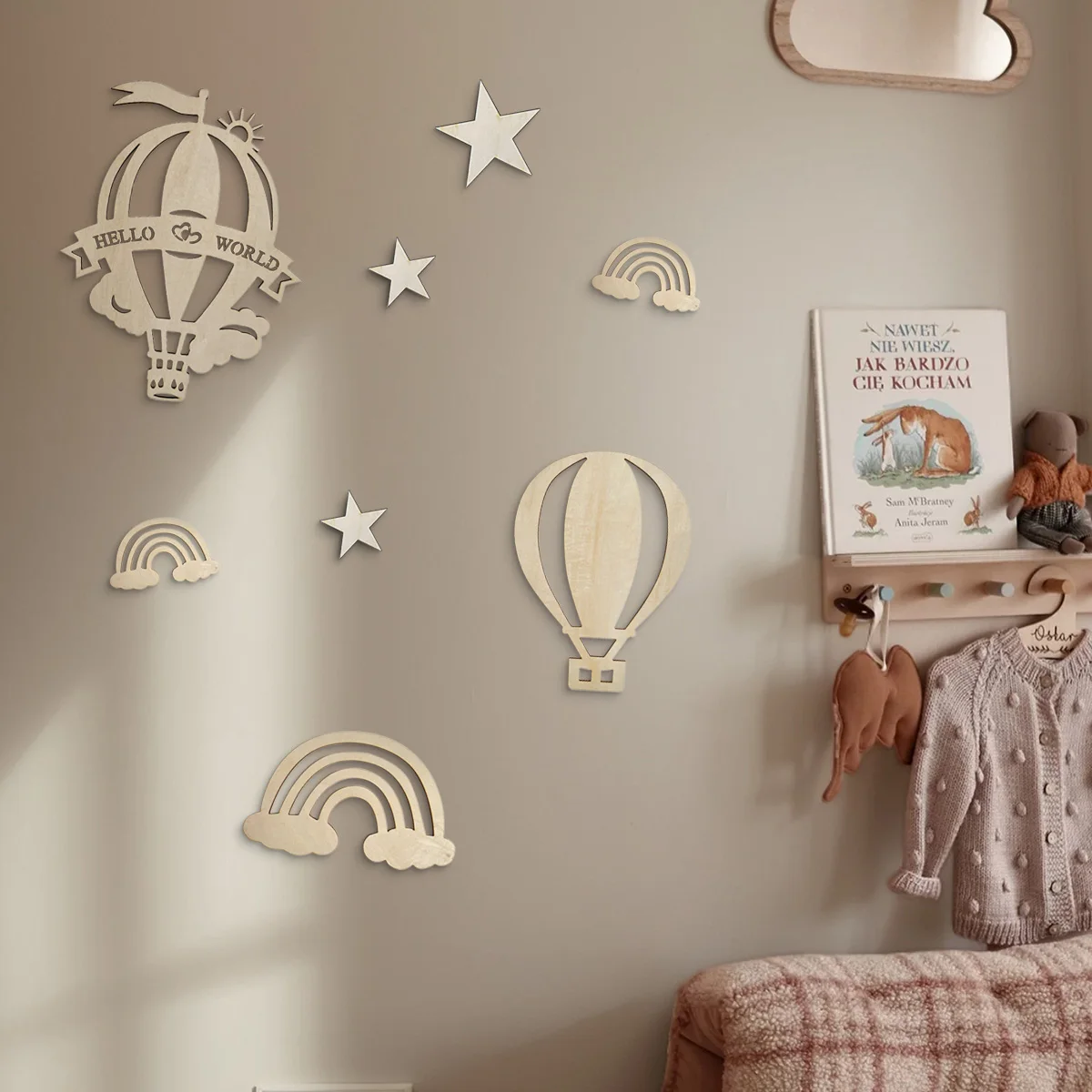 8 unids/set de globos de aire caliente de madera, nubes, estrellas, decoración de habitación de niños, decoración de jardín de infantes, decoración de pared creativa - imagen 2