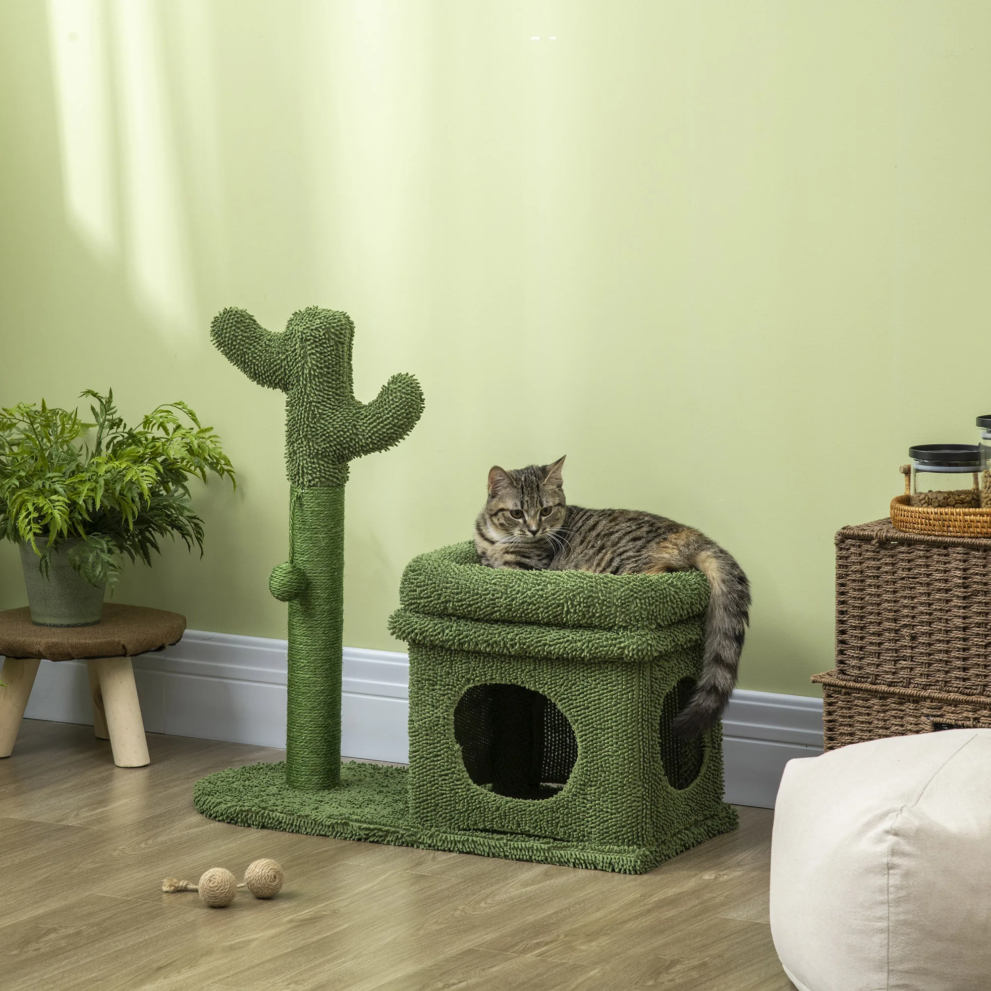 PawHut Árbol Rascador para Gatos Diseño de Cactus Altura 83 cm Torre para Gatos con Cama Caseta de Felpa Poste de Sisal y Bola Colgante 68x30x67 cm Verde - imagen 2