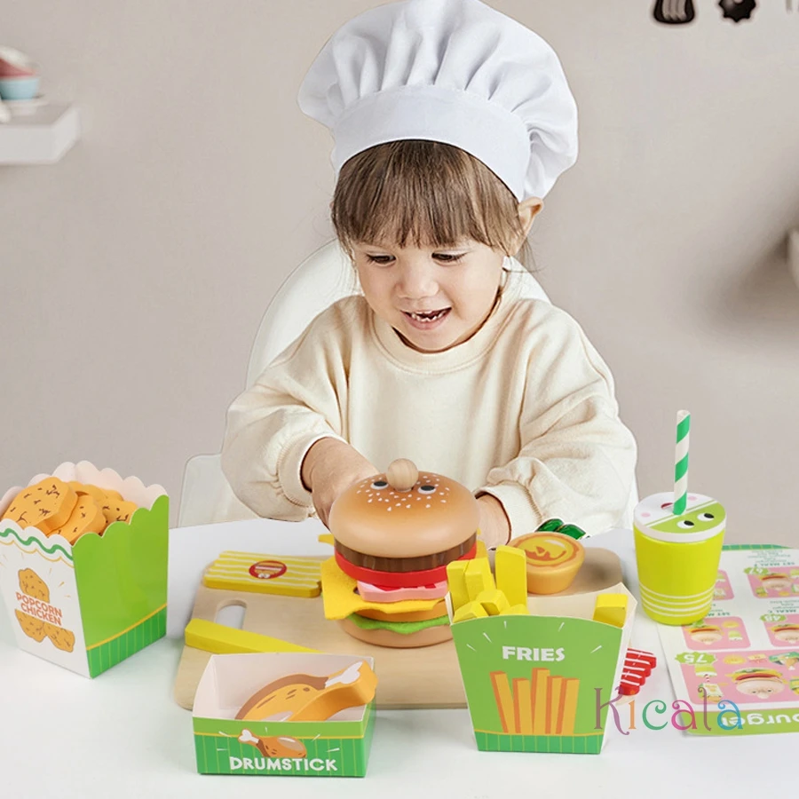 Juego de cocina para niños, hamburguesa, patatas fritas, comida, juegos de casa, hamburguesa, sándwich, cocina apilable, juguete para juego de imitación, regalo de Navidad