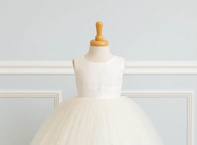 Vestido de tul con perlas y espalda en V hasta el tobillo para boda, niña de las flores, desfile de verano a la moda, sesión de fotos de princesa para niños pequeños, vestido de invierno para niña - imagen 5