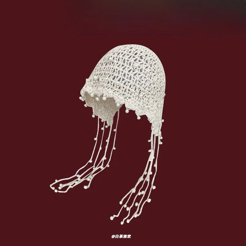 Gorro calado tejido hecho a mano para mujer, gorro de punto con gancho de flor de estilo coreano con borlas de perlas para primavera y verano - imagen 2
