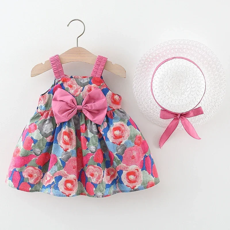Conjuntos de 2 piezas de vestido de verano para niña, ropa coreana a la moda con bonito lazo de flores, vestidos sin mangas para niños + sombrero para el sol, ropa para bebé BC2340
