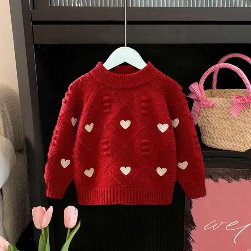 Suéter de punto con forma de corazón para niña, moda de invierno para niños, Top de lana bonito y cálido para bebé, suave y agradable para la piel, primavera y otoño