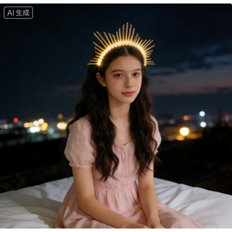 Diadema luminosa con halo de la Virgen María y perlas para Halloween