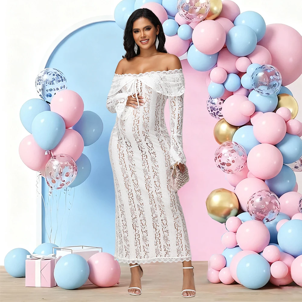Vestido de maternidad de encaje con hombros descubiertos y manga larga - imagen 4
