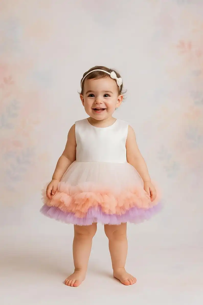 Vestido de primer cumpleaños de tul hecho a mano: vestido de niña de flores hinchado para ropa de sesión de fotos de fiesta de boda