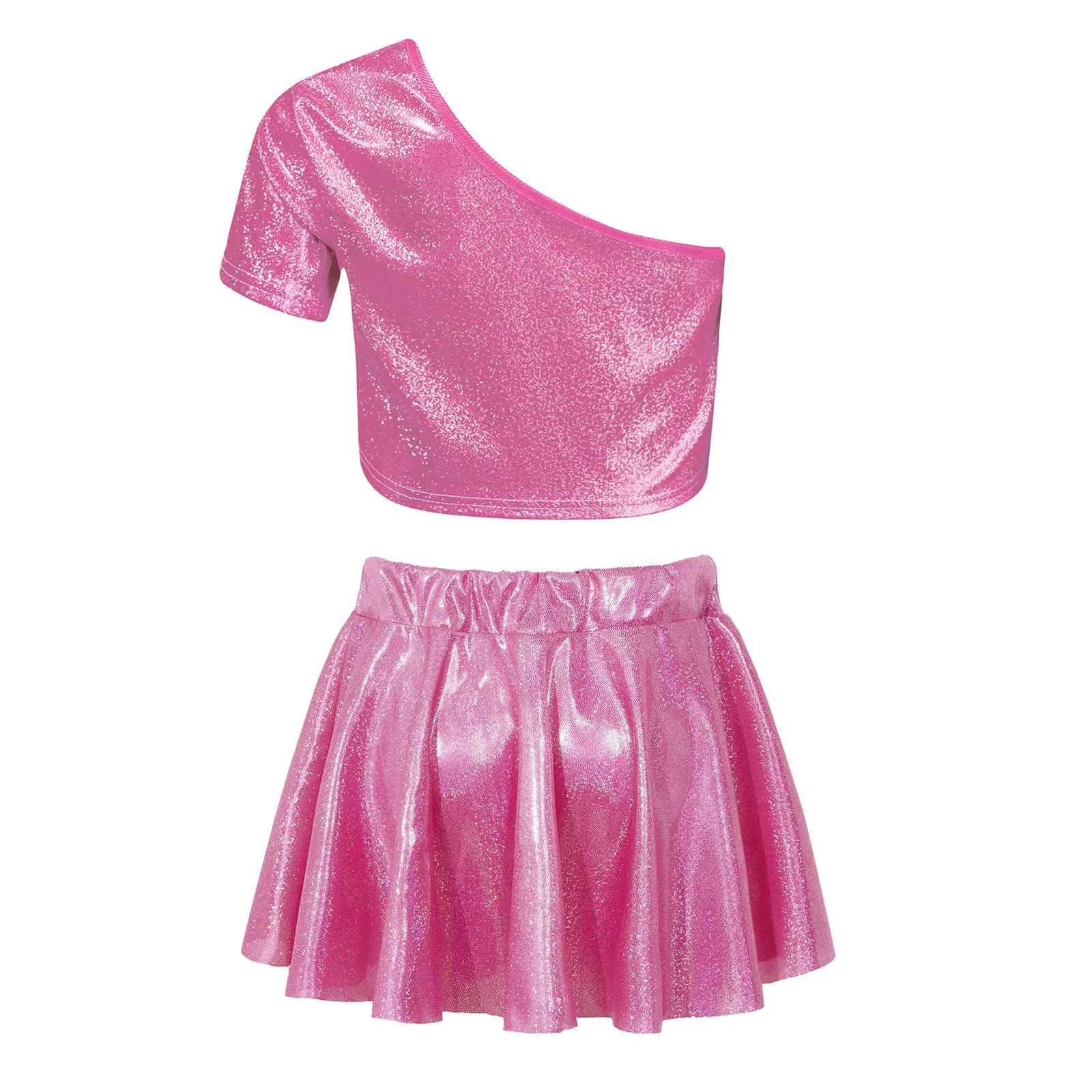 Conjuntos de baile latino de Jazz para niñas, traje de actuación de porristas, un hombro, manga corta, Top corto metálico con falda - imagen 3