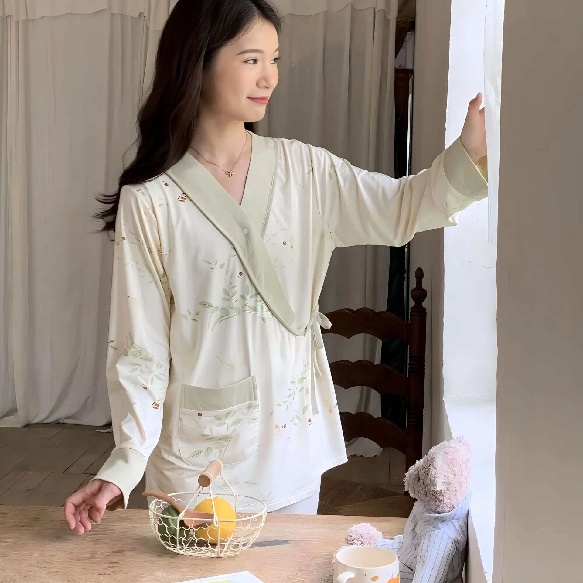 Pijamas de alimentación Modal de manga larga con cuello en V, pijamas de maternidad, traje de Hospital para mujeres embarazadas, ropa para el hogar 2023 - imagen 4