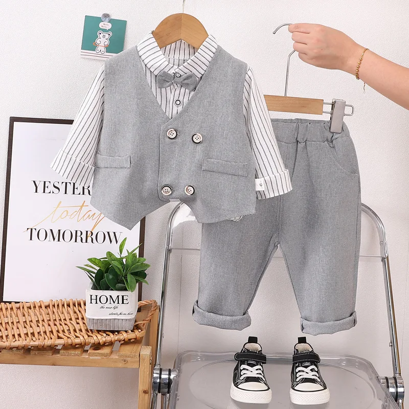 Conjunto de ropa de bebé de moda de primavera y otoño, chaleco para niños, camisa, pantalones, 3 unids/set, ropa para niños, disfraz infantil, chándales para niños pequeños - imagen 3