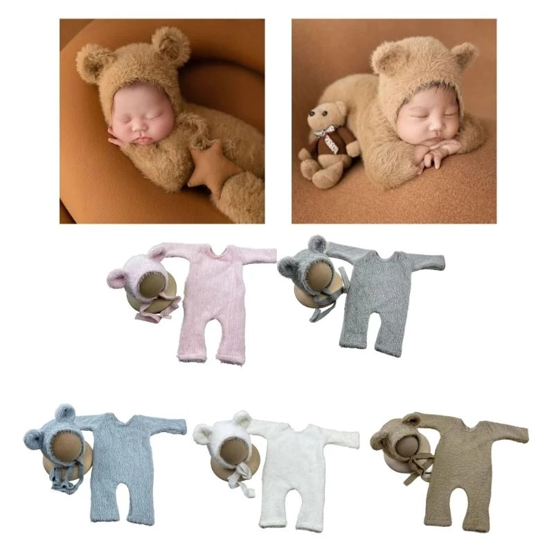 Accesorios de fotografía recién nacido, traje de oso para bebé, mono, sombrero, accesorio de fotografía de animales para niño y niña de 0 a 2 meses - imagen 3