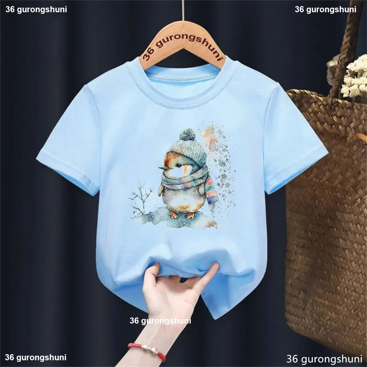 Camiseta con estampado de pingüino de acuarela para niñas/niños, camiseta divertida de pájaros/búho, ropa Kawaii para niños, camisa Harajuku, ropa para niños - imagen 3
