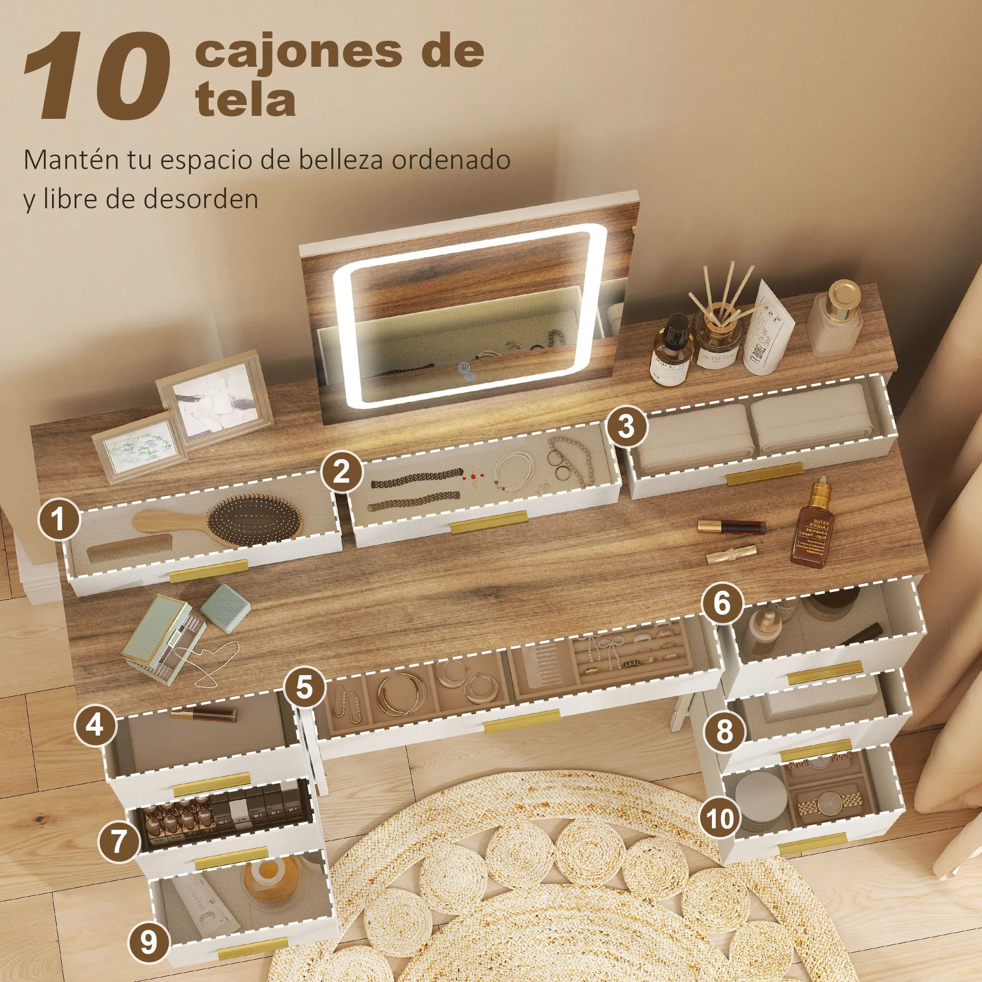 HOMCOM Tocador con Luces LED de 3 Colores, Tocador de Maquillaje con Espejo, Mesa de Maquillaje con 10 Cajones de Tela, Patas de Acero, Moderno, para Dormitorio, Salón, Natural - imagen 5