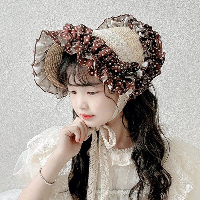 Lindo encaje volante niños sombrero de Lolita flor sombrero de sol francés verano al aire libre sombrero de paja para niñas de 2-10 años Cosplay gorra de Lolita - imagen 3