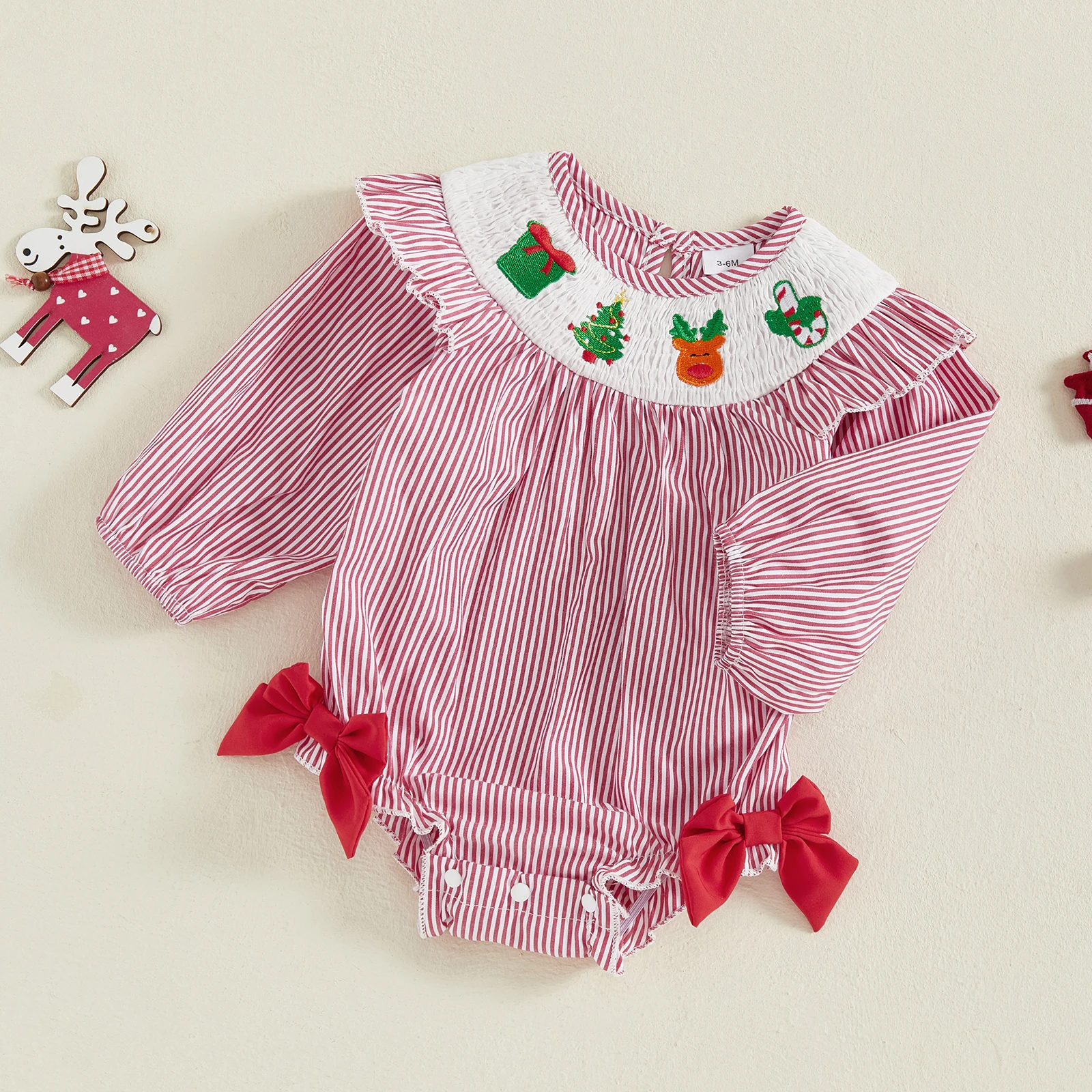 Mameluco de rayas navideñas para niñas de 0 a 18 meses, mono con cuello redondo y manga larga con bordado de árbol y ciervo - imagen 3