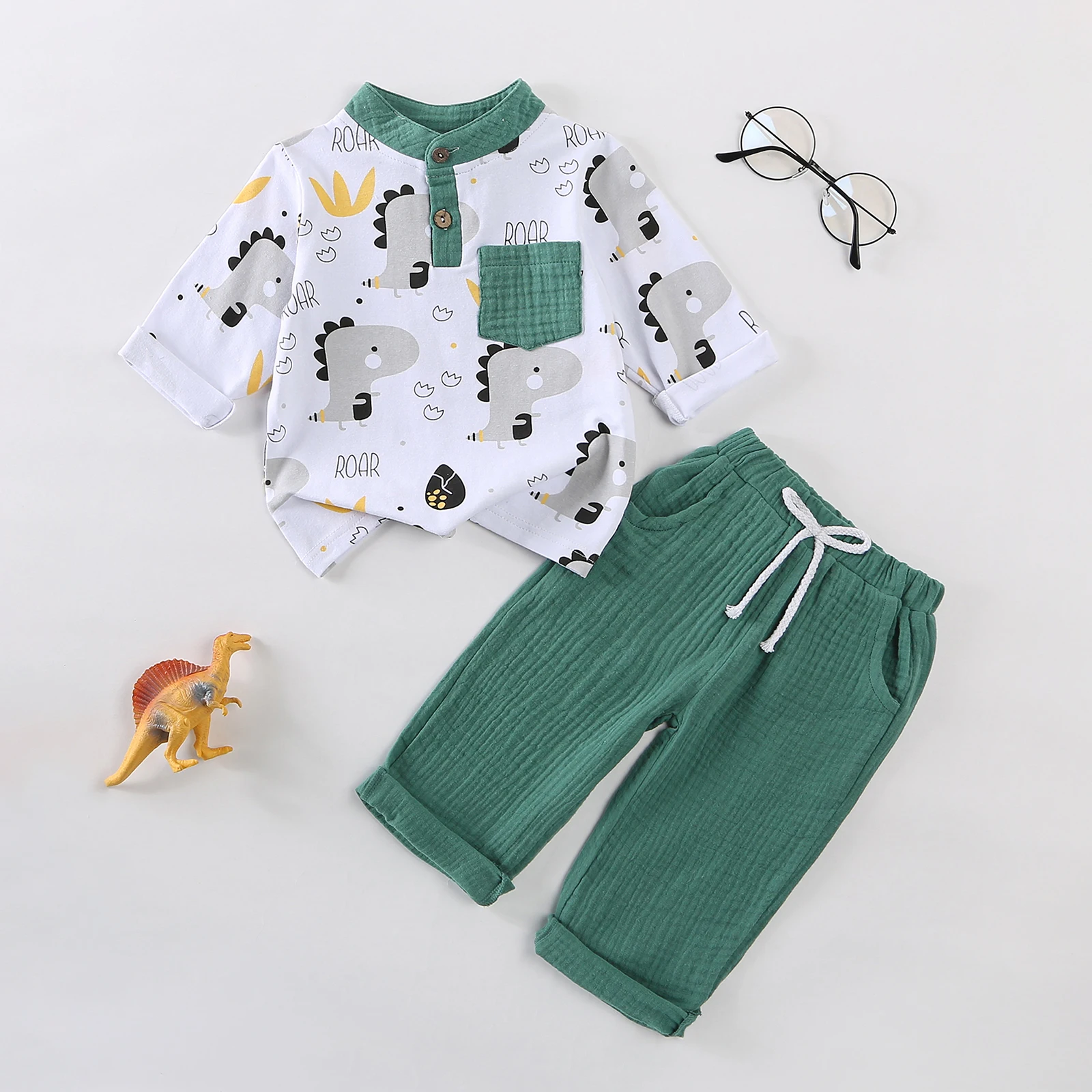 Conjunto de otoño para bebés de 0 a 4 años, Tops con estampado de dinosaurio de manga larga a la moda y pantalones de Color sólido, trajes de 2 uds. - imagen 3