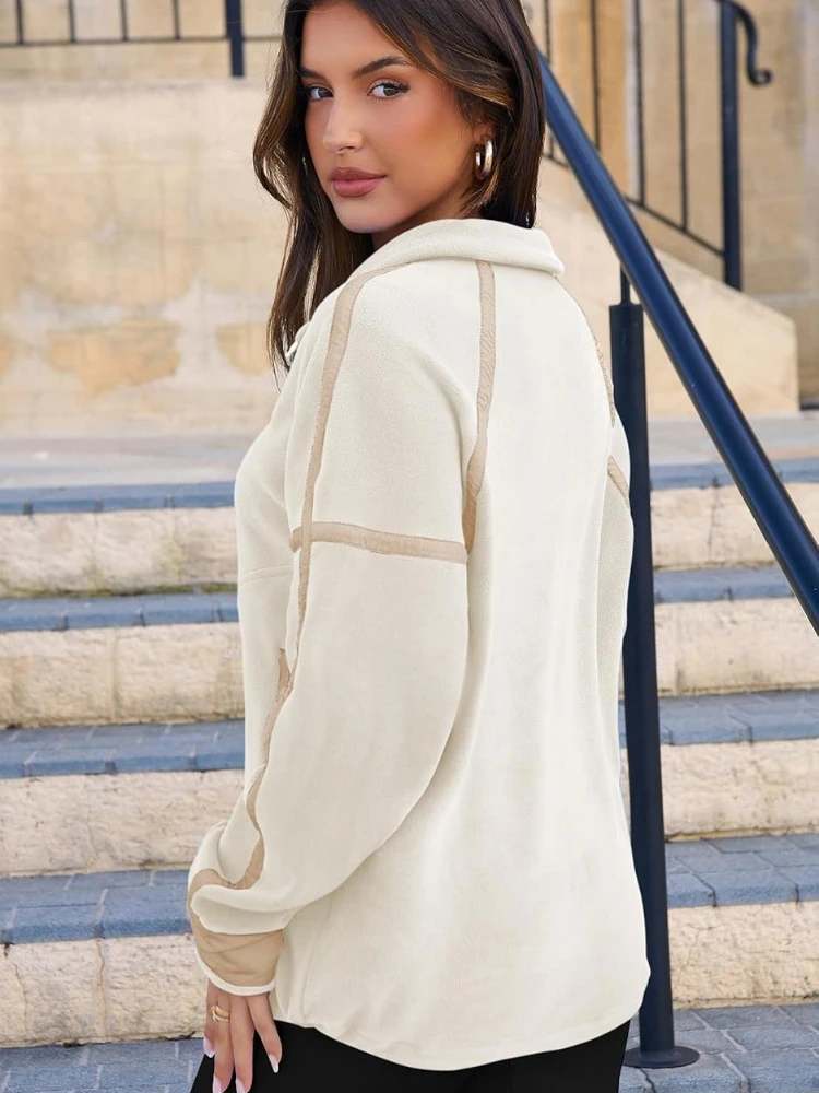 Sudadera de media cremallera para mujer para otoño e invierno, jersey de manga larga con cuello levantado, Top versátil informal con bloques de Color y bolsillo - imagen 4