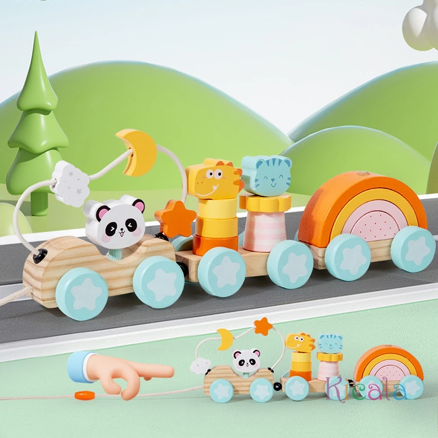 Tren de madera kicala con piezas de animales y números