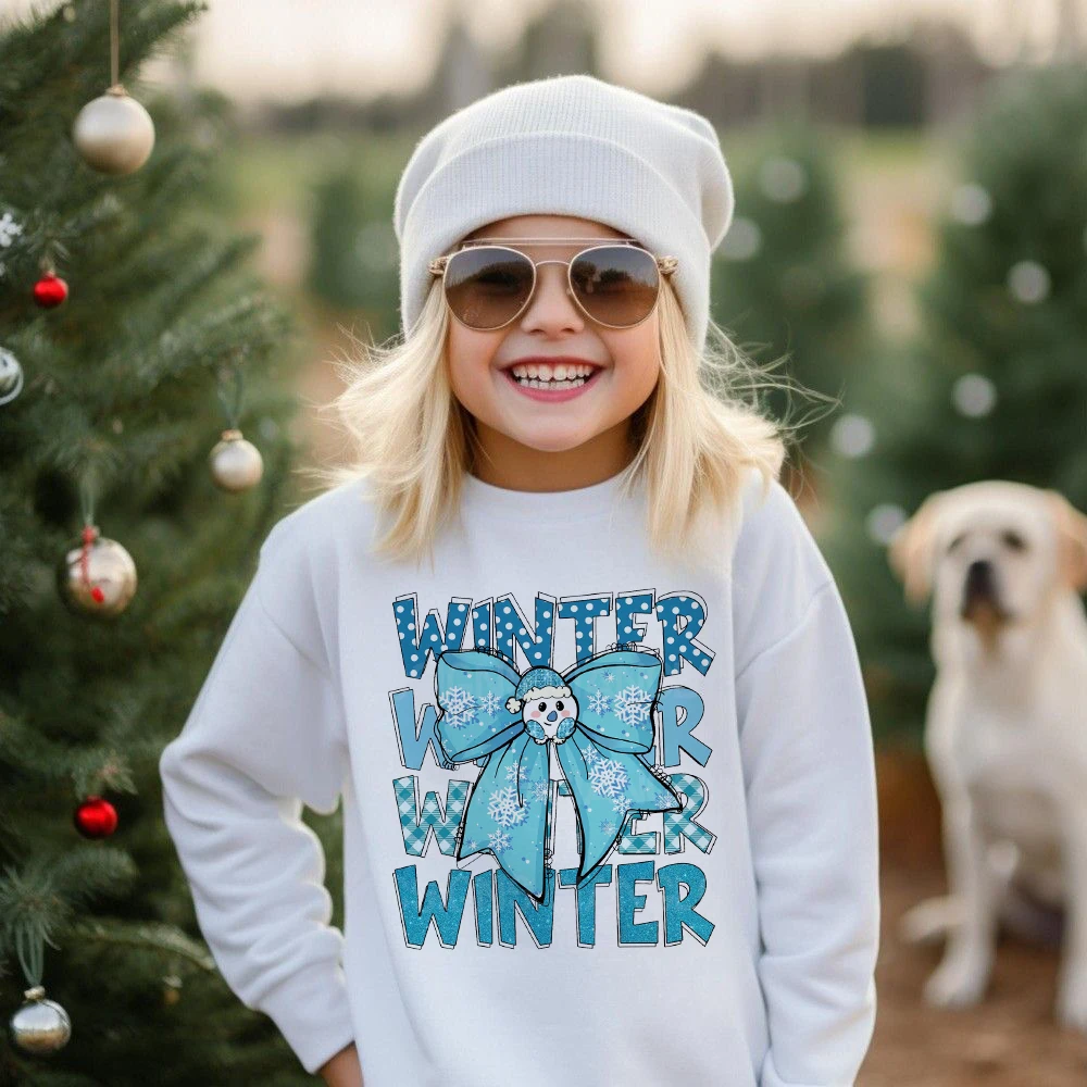 Sudadera con capucha de lana para niños y niñas, ropa de manga larga con estampado de lazo de muñeco de nieve, atuendo de vacaciones de Navidad, Invierno